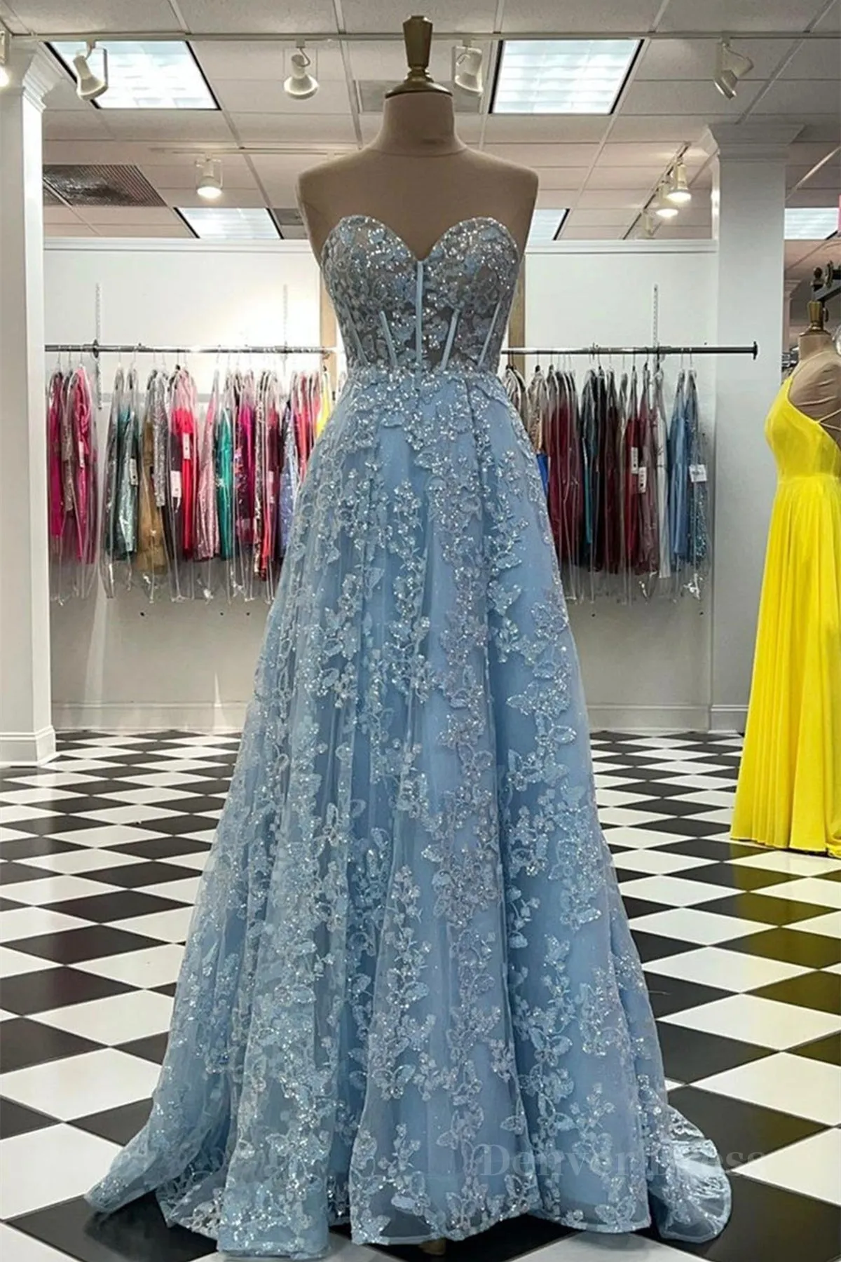 Sweetheart Neck Blue Lace Appliques Long Prom Dress with Long Sleeves Blue Lace Floral Formal Graduation Evening Dress