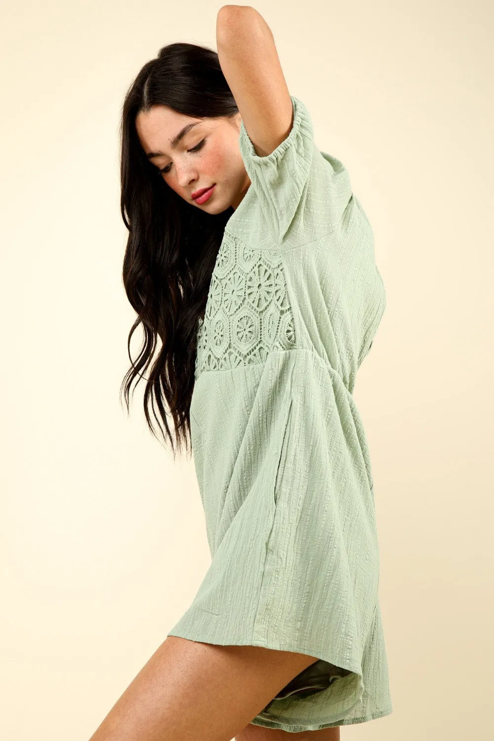 TEEK - Sage Lace Detail Puff Sleeve Pocketed Romper