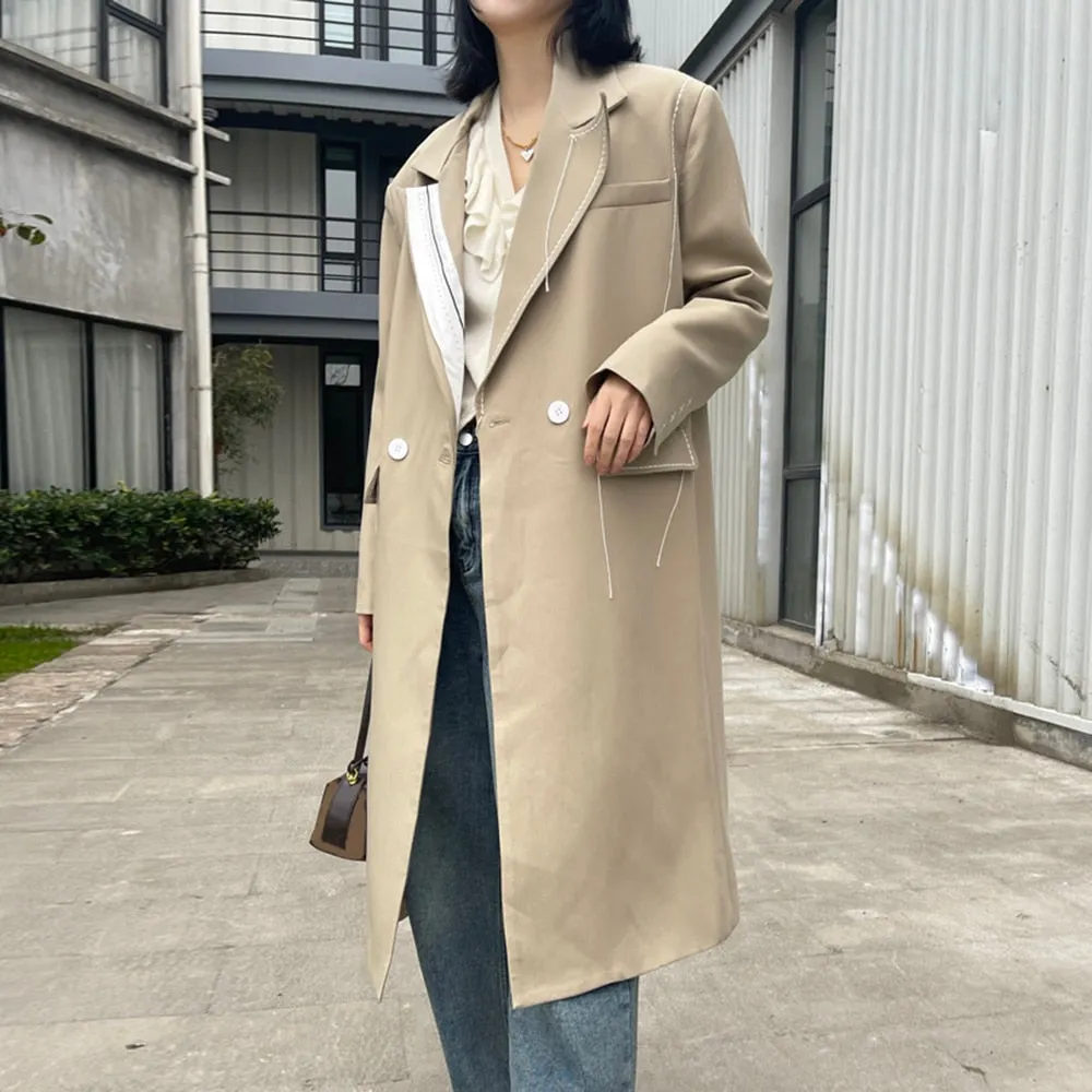 Topstitched Contrast Design Midi Trench Long Sleeve Elegant Suit Windbreaker 2022 Autumn Winter New Fashion Women