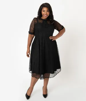 Unique Vintage Plus Size 1950s Black Lace Sleeved Patti Swing Dress