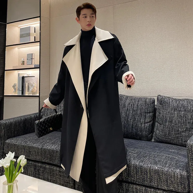 Winter Fashion Trench Personality Contrast Color Large Collar Fake Two Long Coats With Cotton Temperament Men Tops