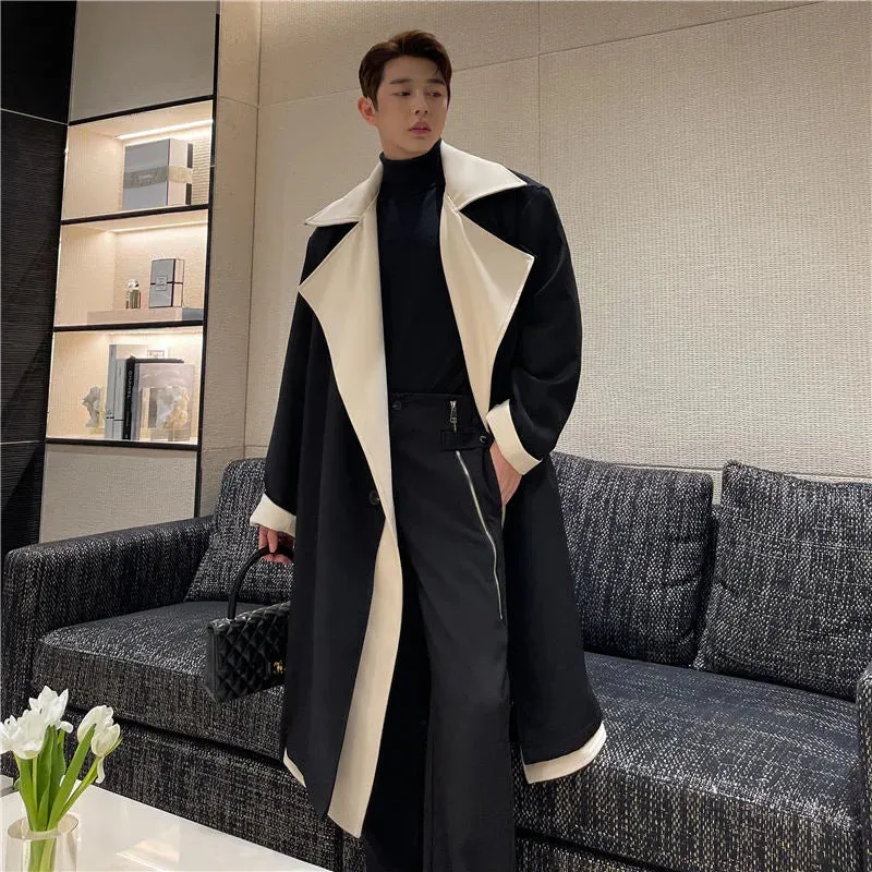 Winter Fashion Trench Personality Contrast Color Large Collar Fake Two Long Coats With Cotton Temperament Men Tops