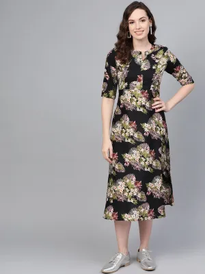 Women's Black Floral Printed Collar Casual long Dress