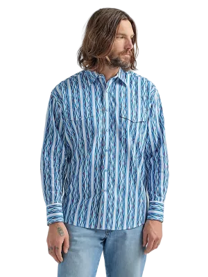 Wrangler Men's Checotah Long Sleeve Western Snap Printed Sea Blue Shirt